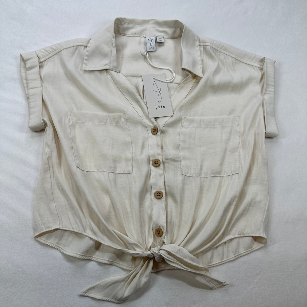 Joie Tie Front Button Down‎ Top Roll Tab Sleeve Shirt Beige